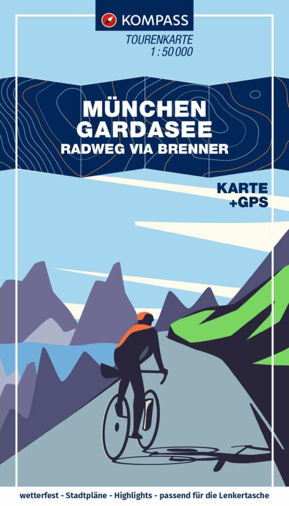 Fahrrad-Tourenkarte von München zum Gardasee über den Brenner. Coverdarstellung